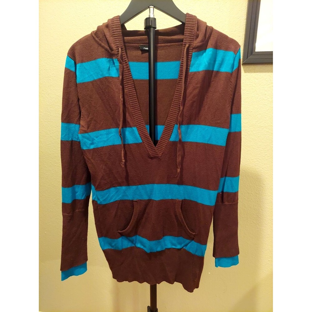 Rue 21 Striped V-Neck Hoodie Sweater - Brown & Turquoise